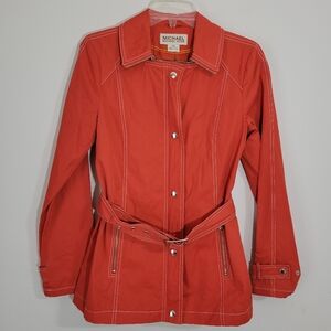 Michael Kors Women's Jacket Belt Orange Trenchcoat Pockets Zip Up Button Snap SM
